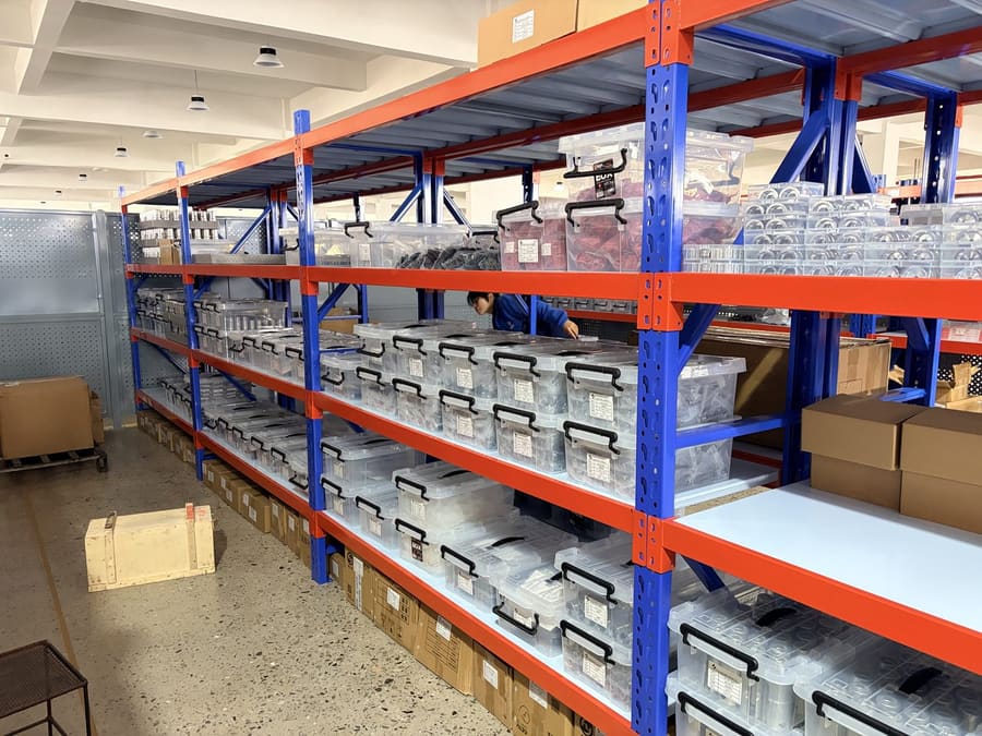 Component warehouse with organized storage bins