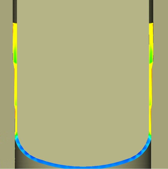 Cross-section FEA showing wall thickness and strain distribution at the dome base radius