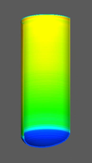 3D wall thickness distribution map confirming expected DWI thinning profile from dome base to open end