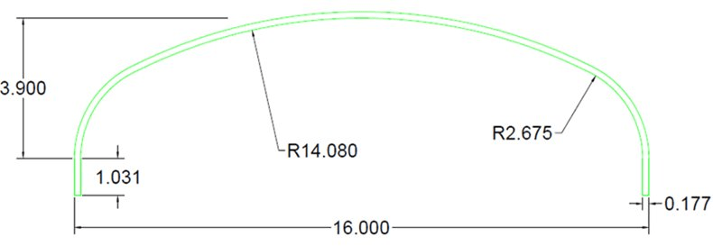 Engineering cross-section profile of Type 1 ellipsoidal head shell showing R14.080 crown radius, R2.675 knuckle radius, 16-inch diameter and 3.900-inch height with 1.031-inch flange