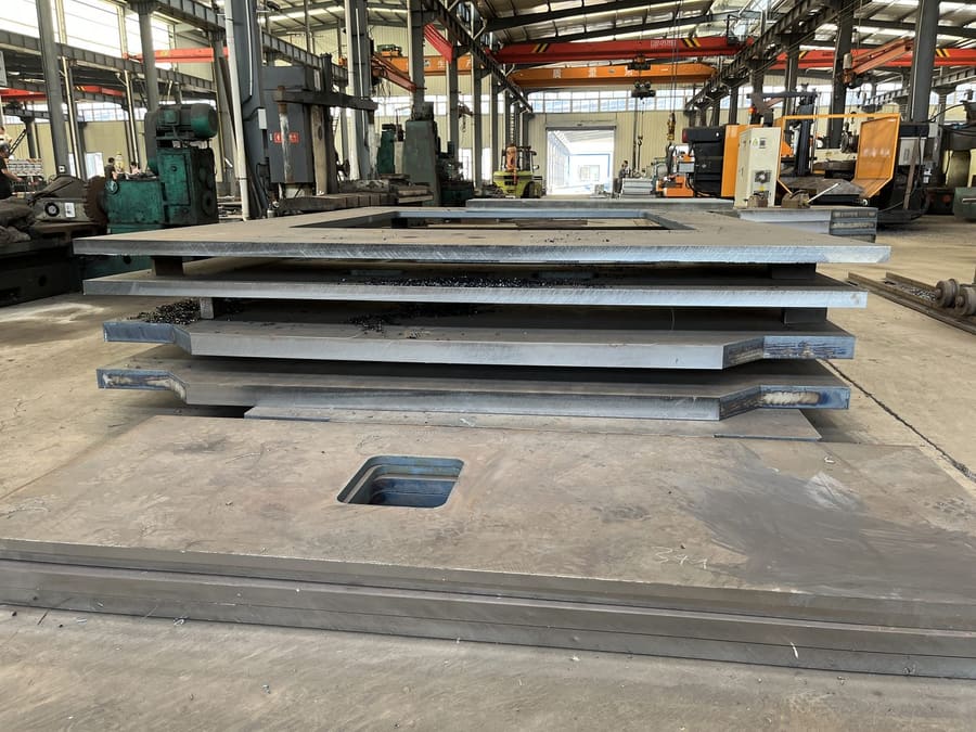 Custom press frame steel plates in fabrication workshop