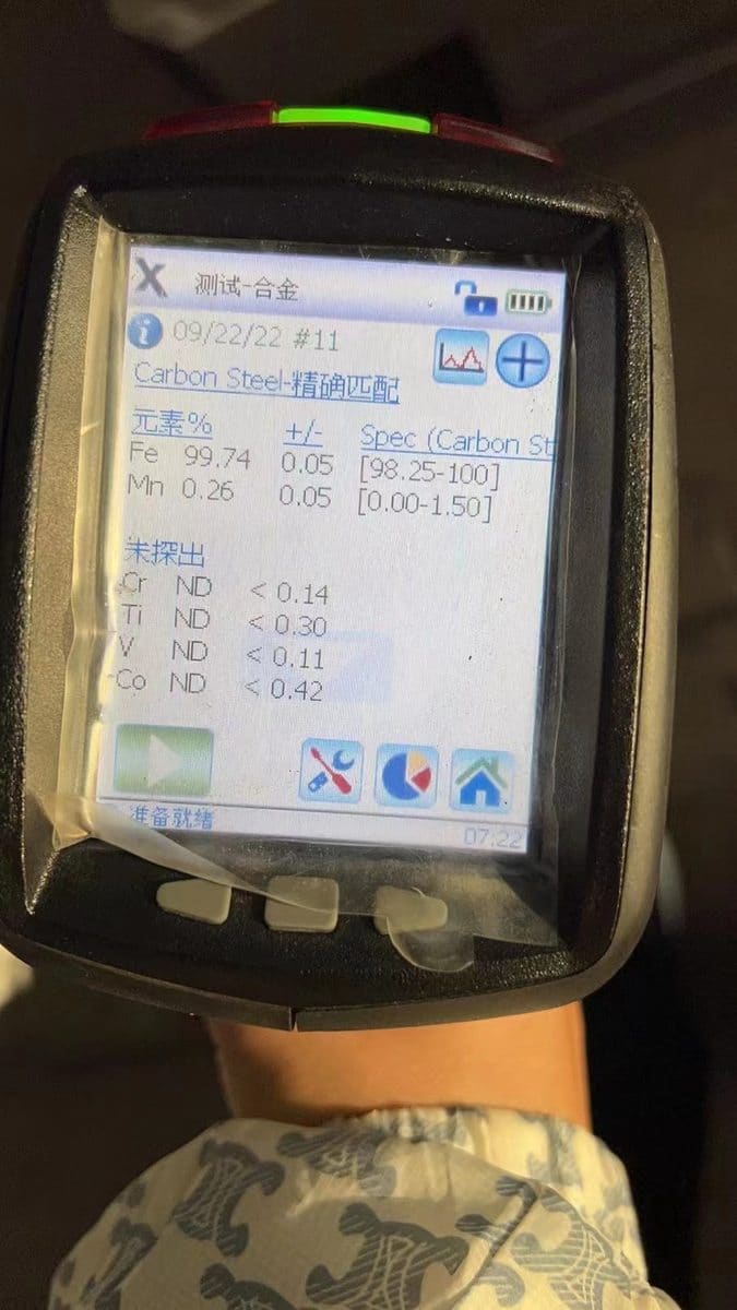 XRF handheld analyser showing A36 chemical test results