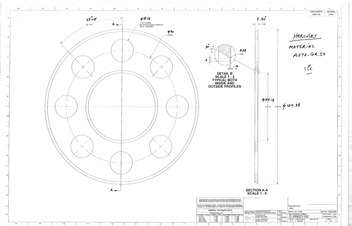 Hercules engineering drawing for round steel component inspection